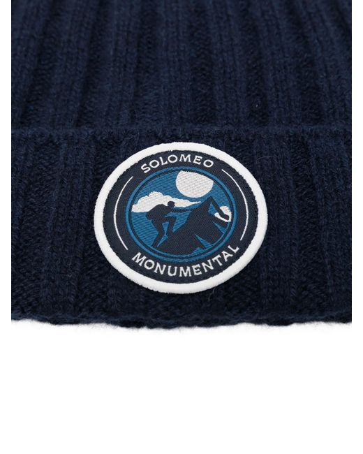 Brunello Cucinelli Blue Ribbed-Knit Logo-Patch Beanie