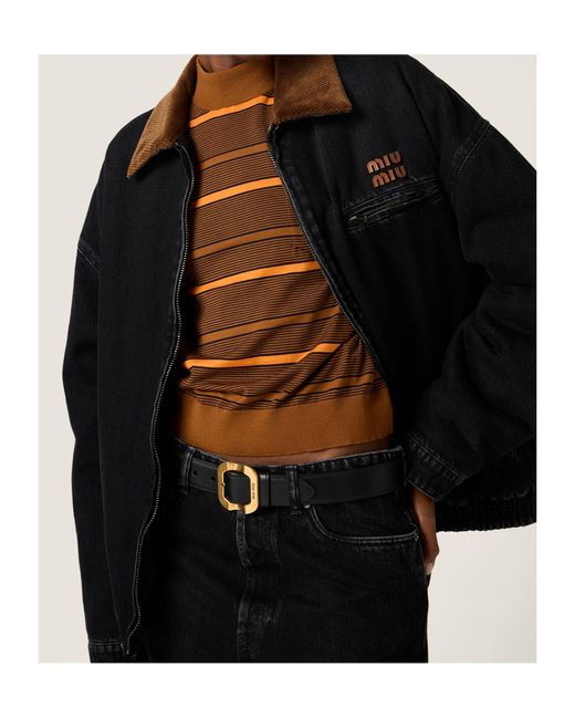 Miu Miu Black Logo-Patch Zipped Denim Padded Jacket
