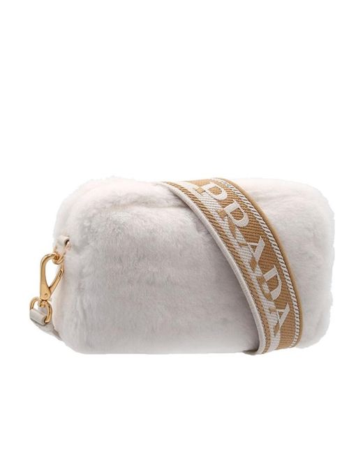 Prada Gray Logo Plaque Shearling Zipped Shoulder Bag