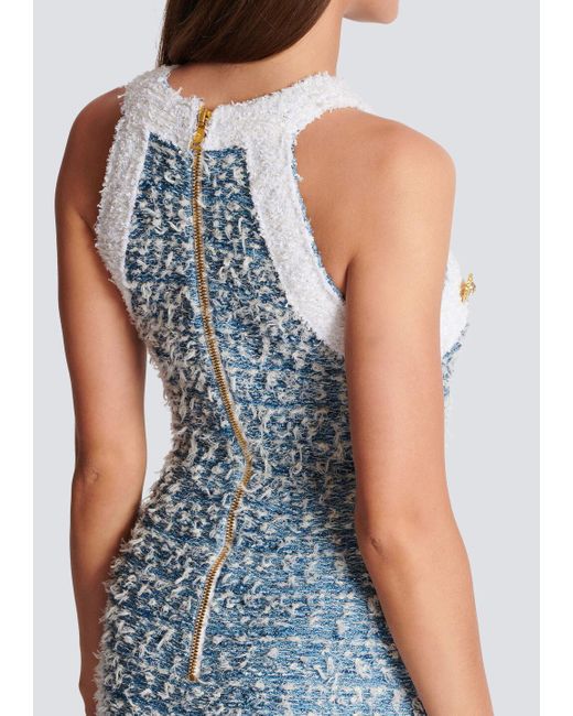 Balmain Blue Fringed Denim Tweed Dress