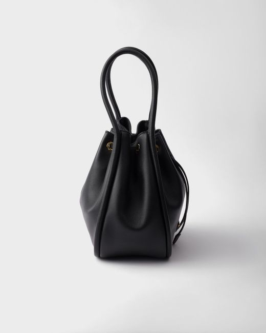 Prada Black Logo Plaque Drawstring Bucket Bag