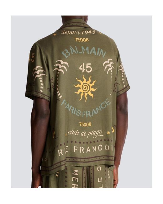Balmain Green Printed Short Sleeve Shirt for men