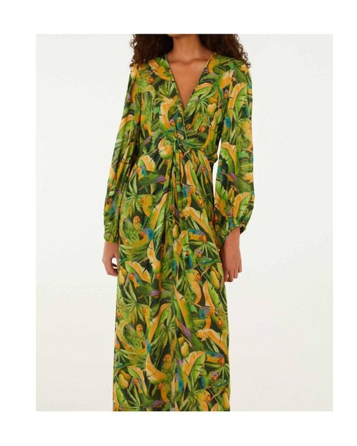 Farm Rio Green Parrot-Print Gathered-Waist Midi Dress