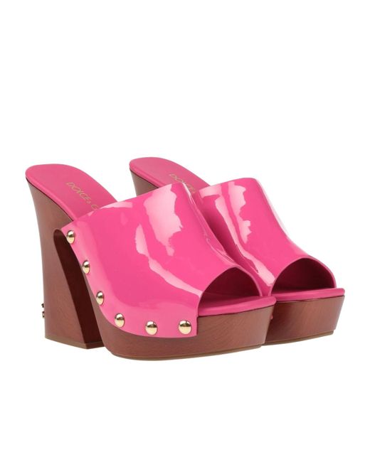 Dolce & Gabbana Pink Round Toe Patent Leather Platform Sandals