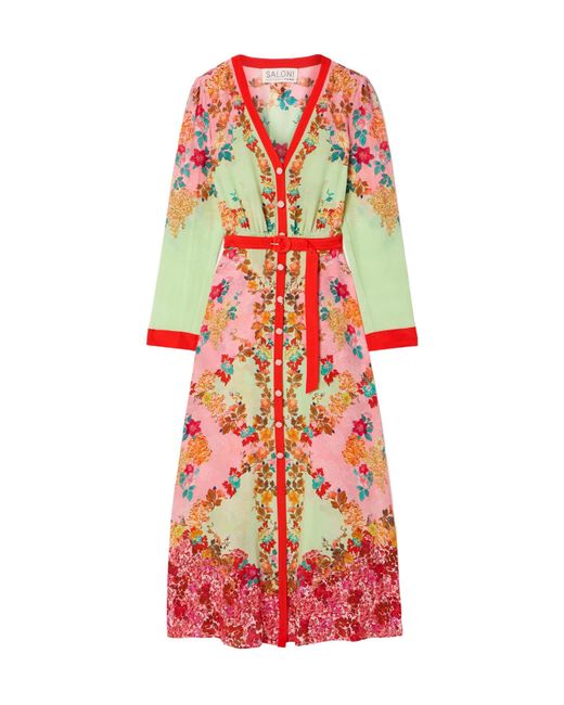 Saloni White Lea Belted Floral-Print Silk Crepe De Chine Maxi Dress