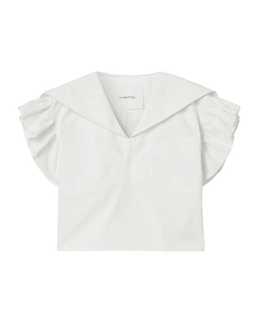 Pushbutton White Ruffled Cotton-Poplin Blouse