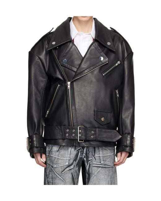 VAQUERA Black Oversized Lapel Motorcycle Leather Jacket