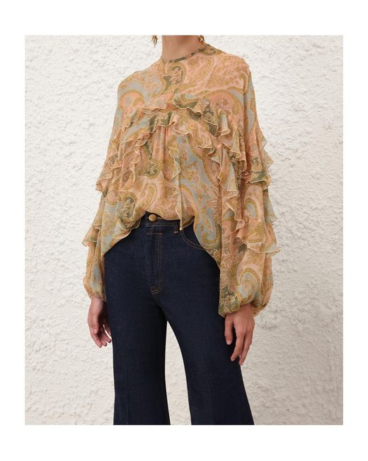 Zimmermann Natural Luna Flutter Ruffled Paisley Blouse