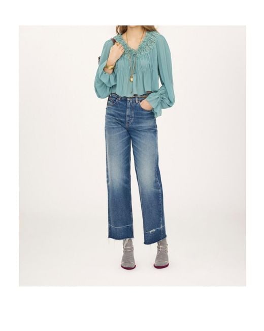 Chloé Blue Scoop-Neck Cropped Silk Blouse