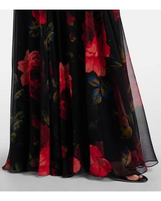 Carolina Herrera Red Floral Ruched Off-Shoulder Silk Chiffon Gown