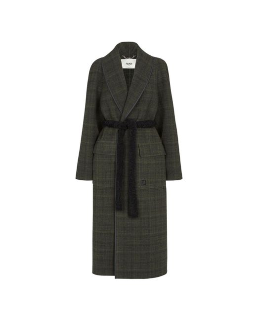 Fendi Black Ff Embroidered Tie-Waisted Tweed Coat