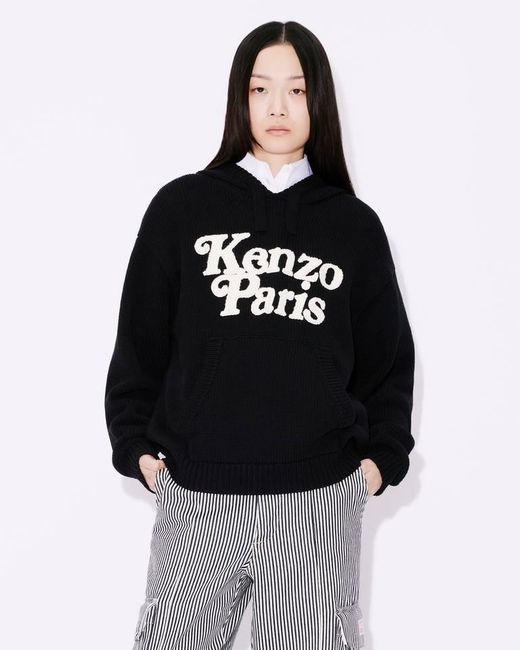 KENZO Black Logo Detailed Drawstring Knit Hoodie for men