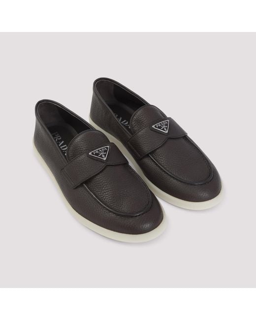 Prada Black Logo Plaque Almond Toe Loafers for men
