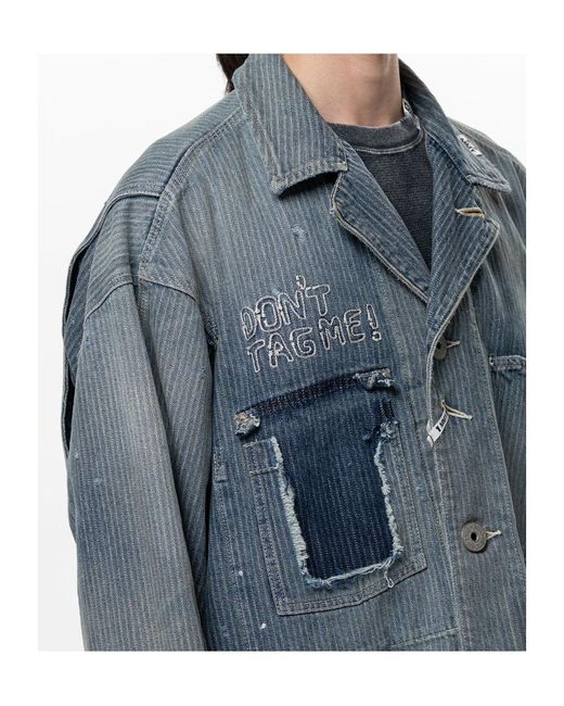 Maison Mihara Yasuhiro Blue Chore Stripe-Pattern Paint-Splatter Denim Jacket for men