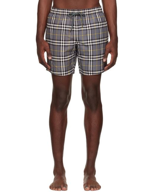 Burberry Gray Checked Drawstring Swim Shorts for men