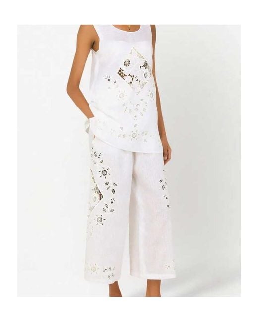 Dolce & Gabbana White Embroidered Wide Leg Poplin Pants