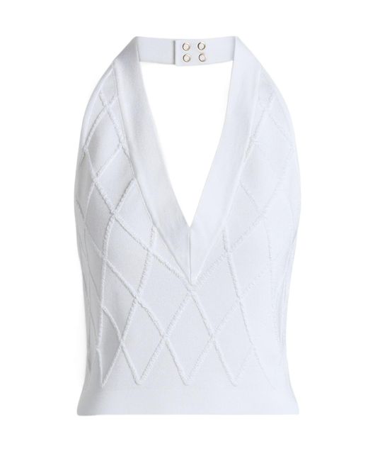 Balmain White Quilted Knit Halterneck Top