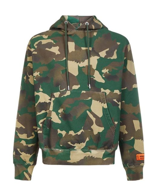 Heron Preston Green Camouflage-Pattern Drawstring Hoodie for men
