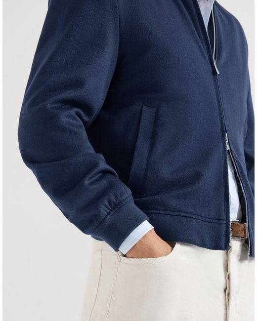 Brunello Cucinelli Blue Lightweight Cashmere Flannel Bomber Jacket for men