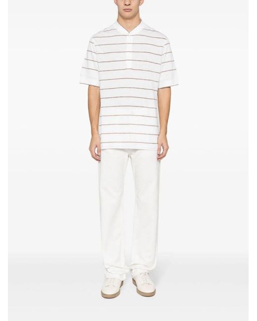 Brunello Cucinelli White Striped Polo Shirt for men