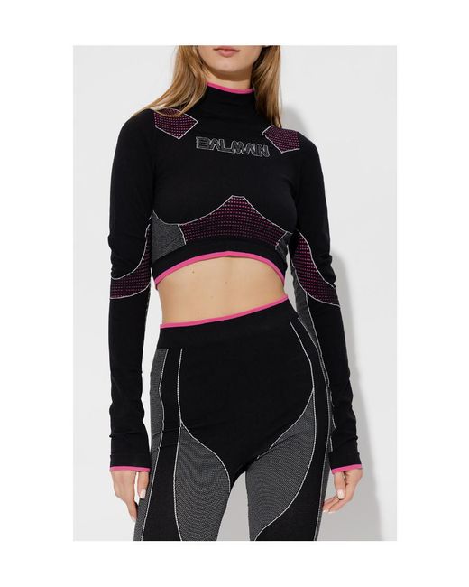 Balmain Black High Neck Seamless Cropped Top
