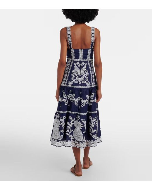 Farm Rio Blue Embroidered Cotton Midi Dress