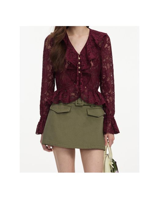 Self-Portrait Red Ruffled Lace-Overlay Top