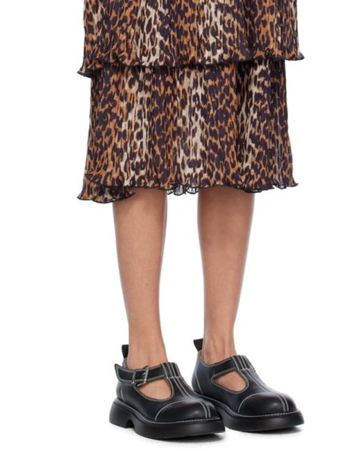 Ganni Brown Leopard Printed Pleated U-Neck Midi Dress