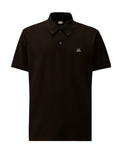 C P Company Black Piquet Short Sleeved Point Collar Polo Shirt for men