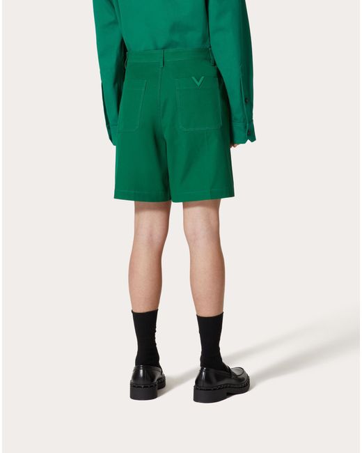 Valentino Green Stretch Cotton Canvas Shorts With Rubberized V-Detail for men