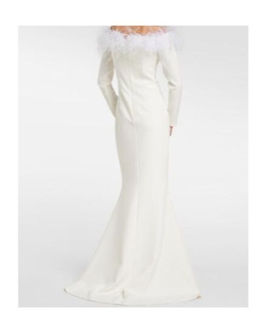 Safiyaa White Bridal Starlana Feather-Trimmed Crêpe Gown