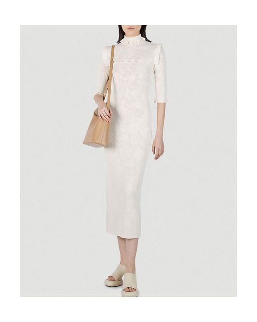 Sportmax White Ruffle Detailed High Neck Midi Dress