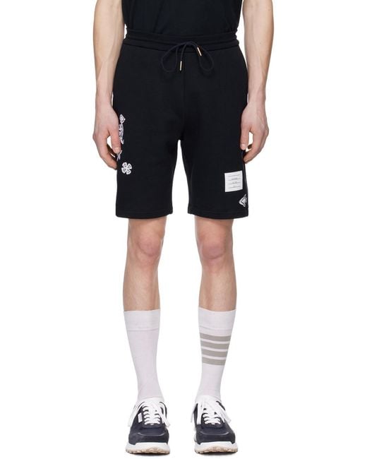 Thom Browne Black Embroidered Drawstring Track Shorts for men