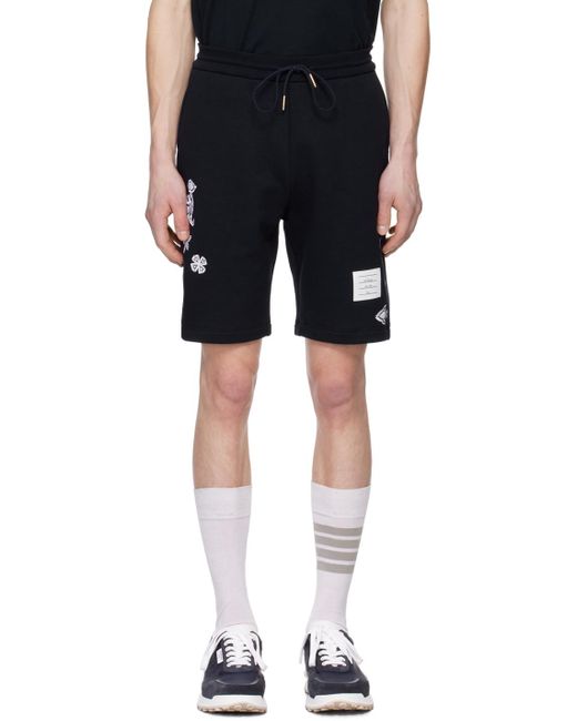 Thom Browne Black Embroidered Drawstring Track Shorts for men