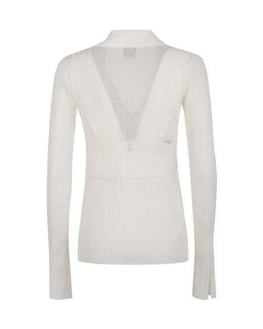 Pinko White Ribbed V-Neck Polo Top
