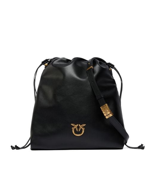 Pinko Black Drawstring Logo Plaque Shoulder Bag