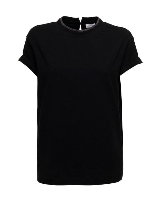 Brunello Cucinelli Black Chain-Trim Crewneck T-Shirt