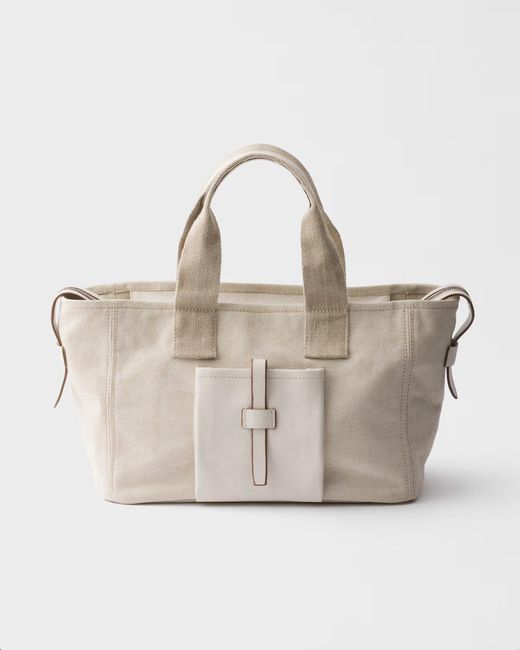 Prada Natural Route Large Canvas And Leather Tote Bag