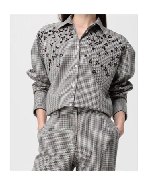 MSGM Gray Long Sleeved Checked Embellished Shirt