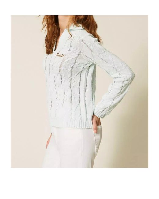 Twinset Blue Polo-Collar Cable-Knit Sweater