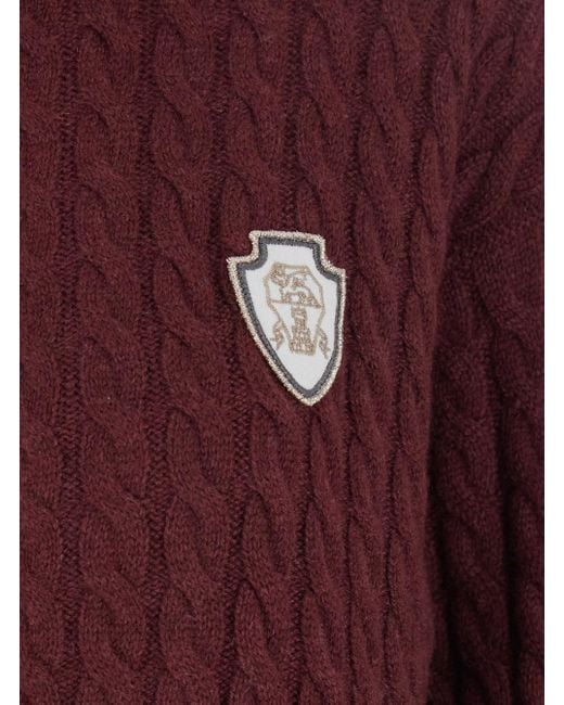 Brunello Cucinelli Red Cardigan With Bicolor Collar And Logo Patch On The Front