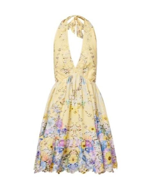 Camilla White Embellished Floral Halterneck Linen Minidress