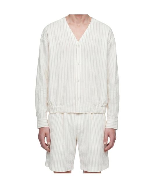 Hed Mayner White Pinstriped V-Neck Shirt for men