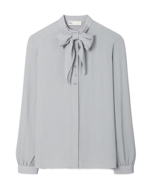 Tory Burch Gray Georgette Bow Blouse