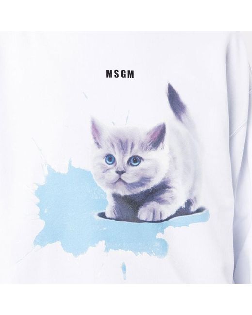 MSGM White Kitten Print Round-Neck Sweater