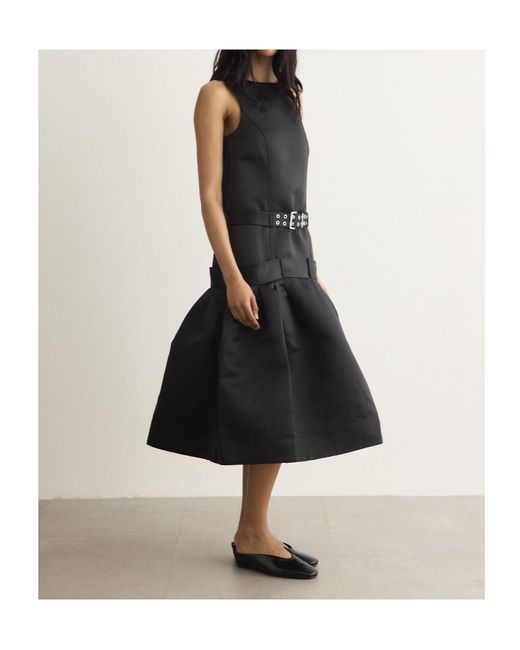 Ganni Black Belted-Waist Pleated Midi Dress