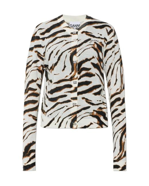 Ganni White Animal Motif Knitted Cardigan