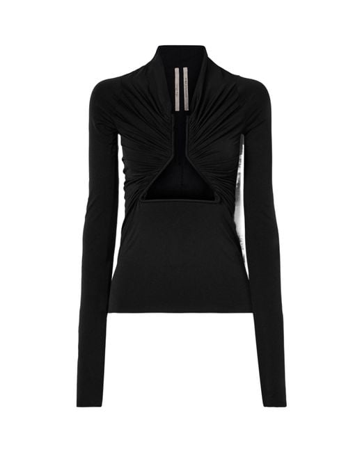 Rick Owens Black Digged, Trimmed, Pleated Stretch Jersey Top