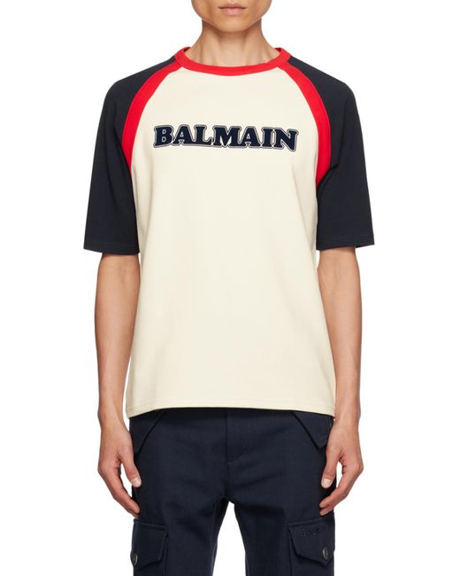 Balmain Blue Flocked Logo Crewneck T-Shirt for men