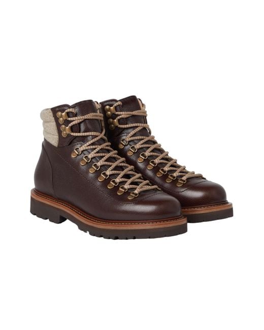 Brunello Cucinelli Brown Round Toe Lace-Up Ankle Boots for men